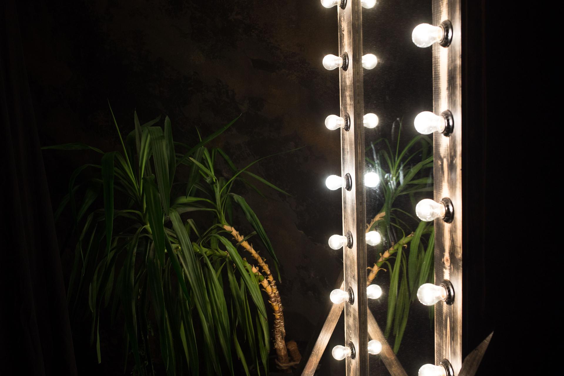 Toilet mirror stands on a wooden floor with light bulbs for lighting