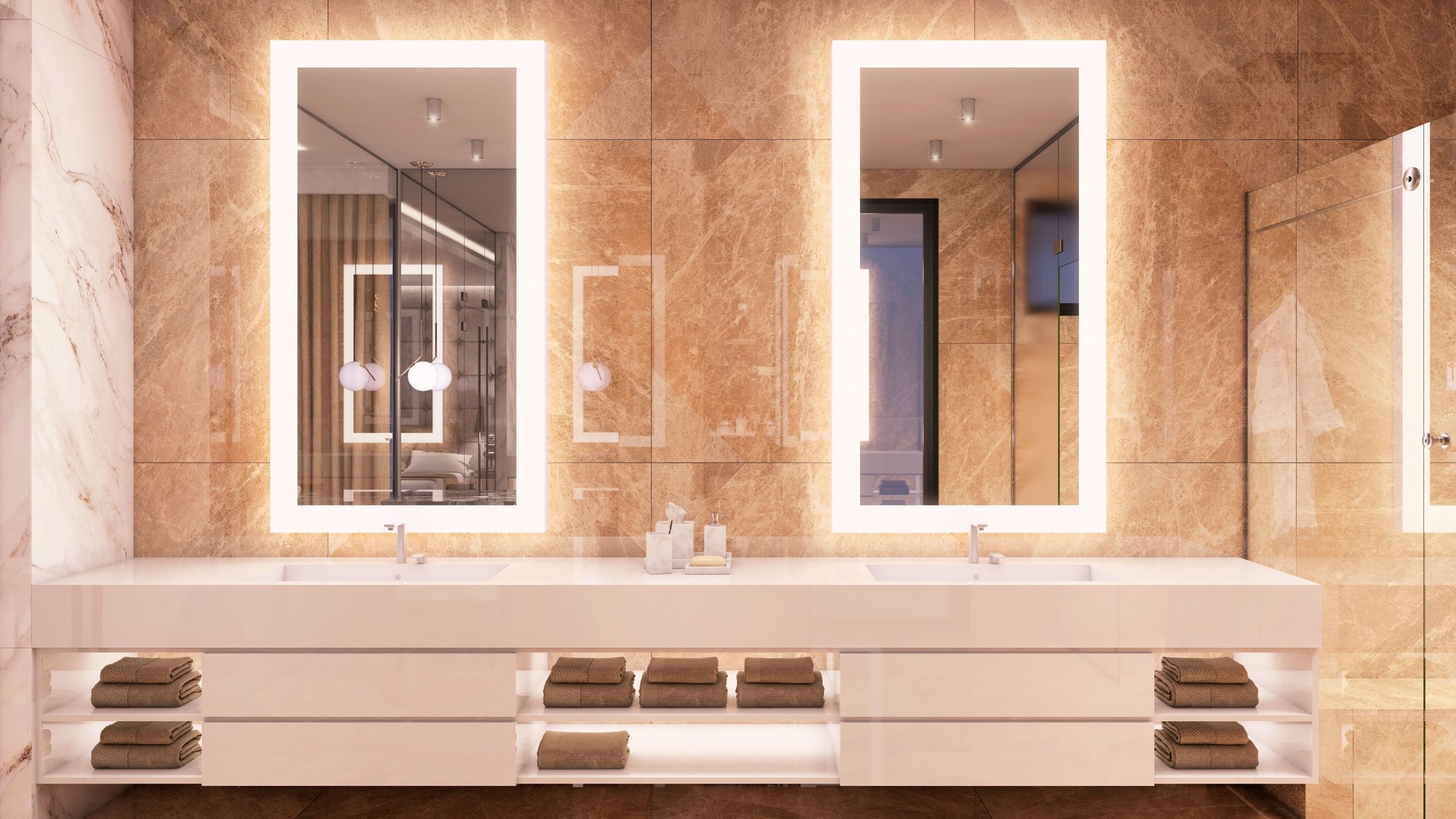 Luxury double sink and mirrors with lights